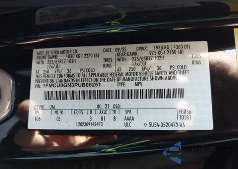 2023 Ford Escape Active z USA, uszkodzony, nr VIN 1FMCU0GN3PUB06251